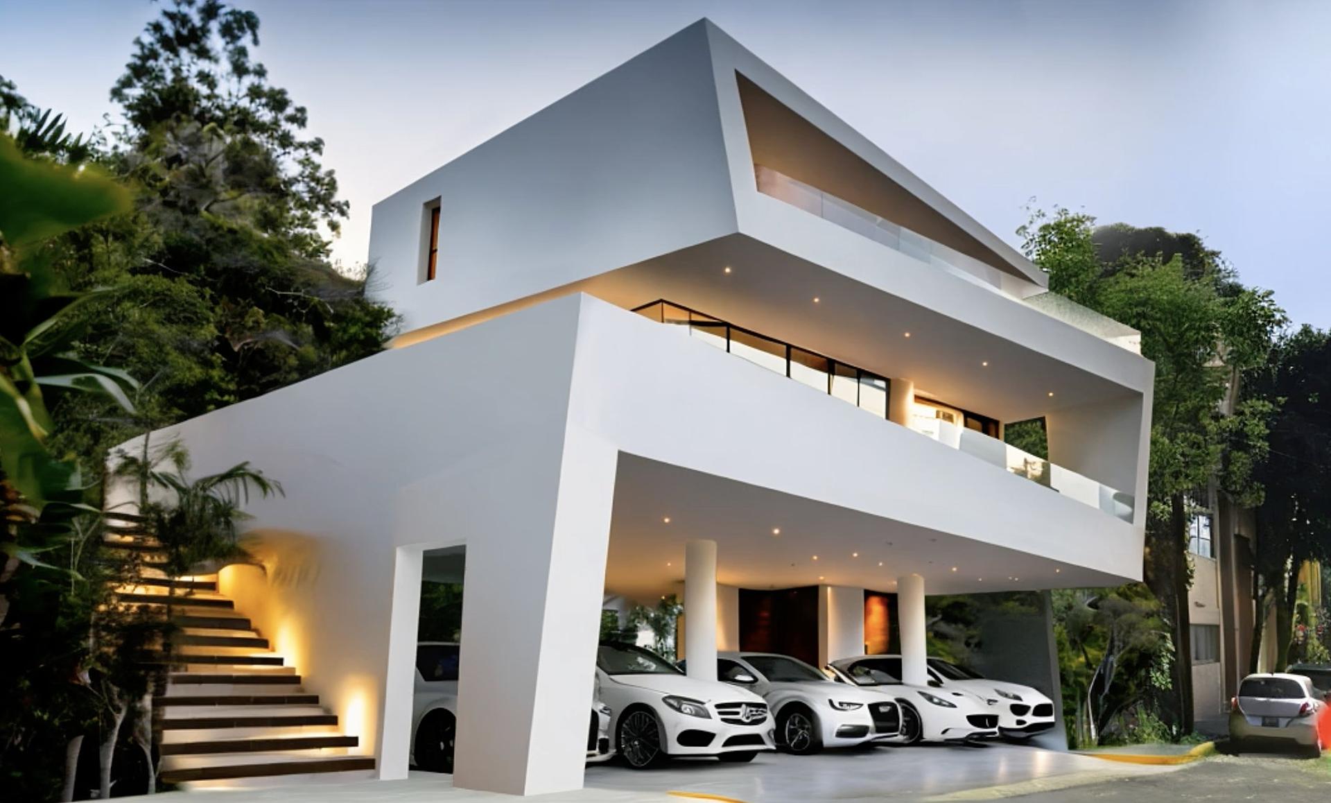 Casa moderna de tres niveles con escalera iluminada y cochera